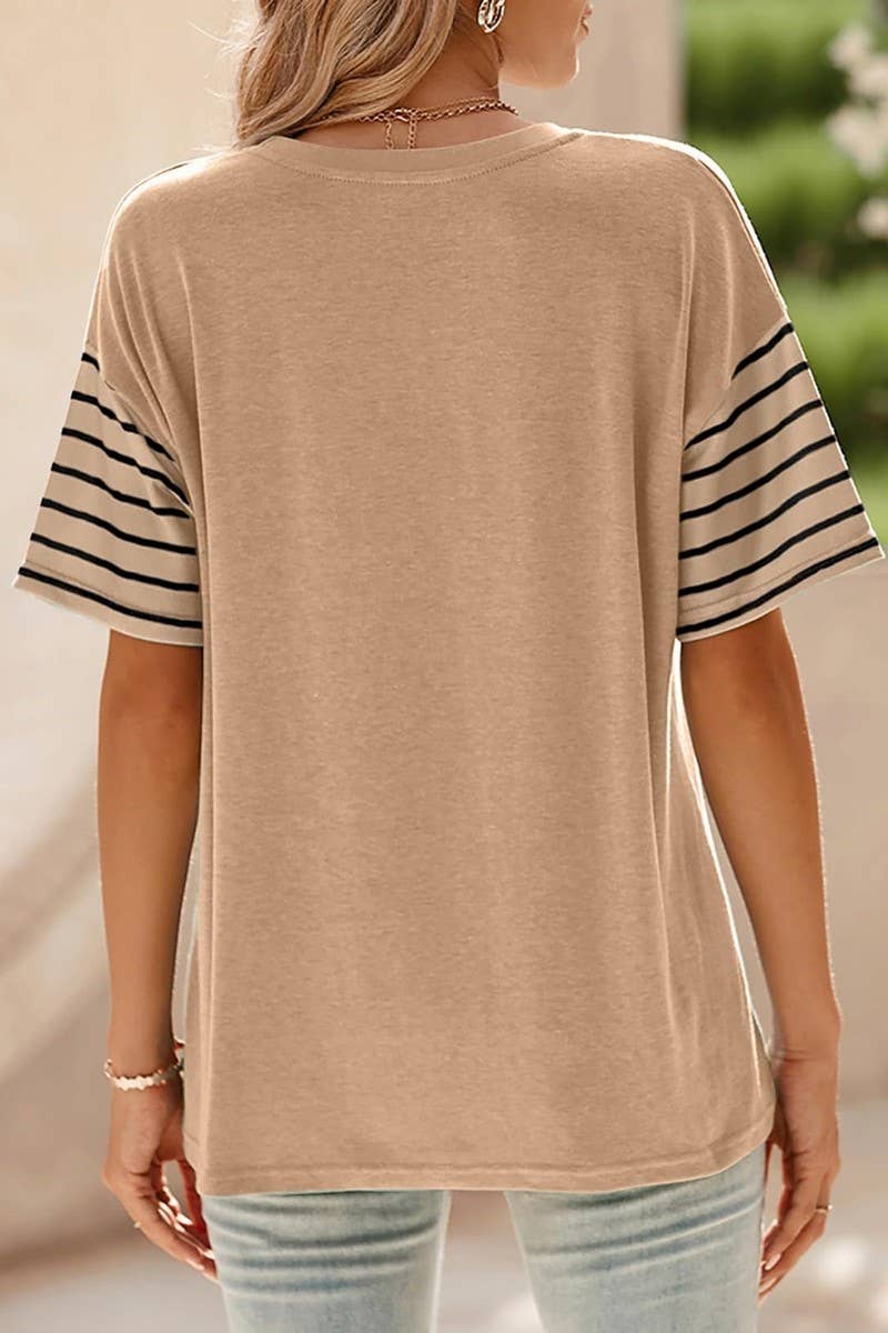 CWTTS1392_ROUND NECK CASUAL STRIPED CONTRAST COLOR T-SHIRT