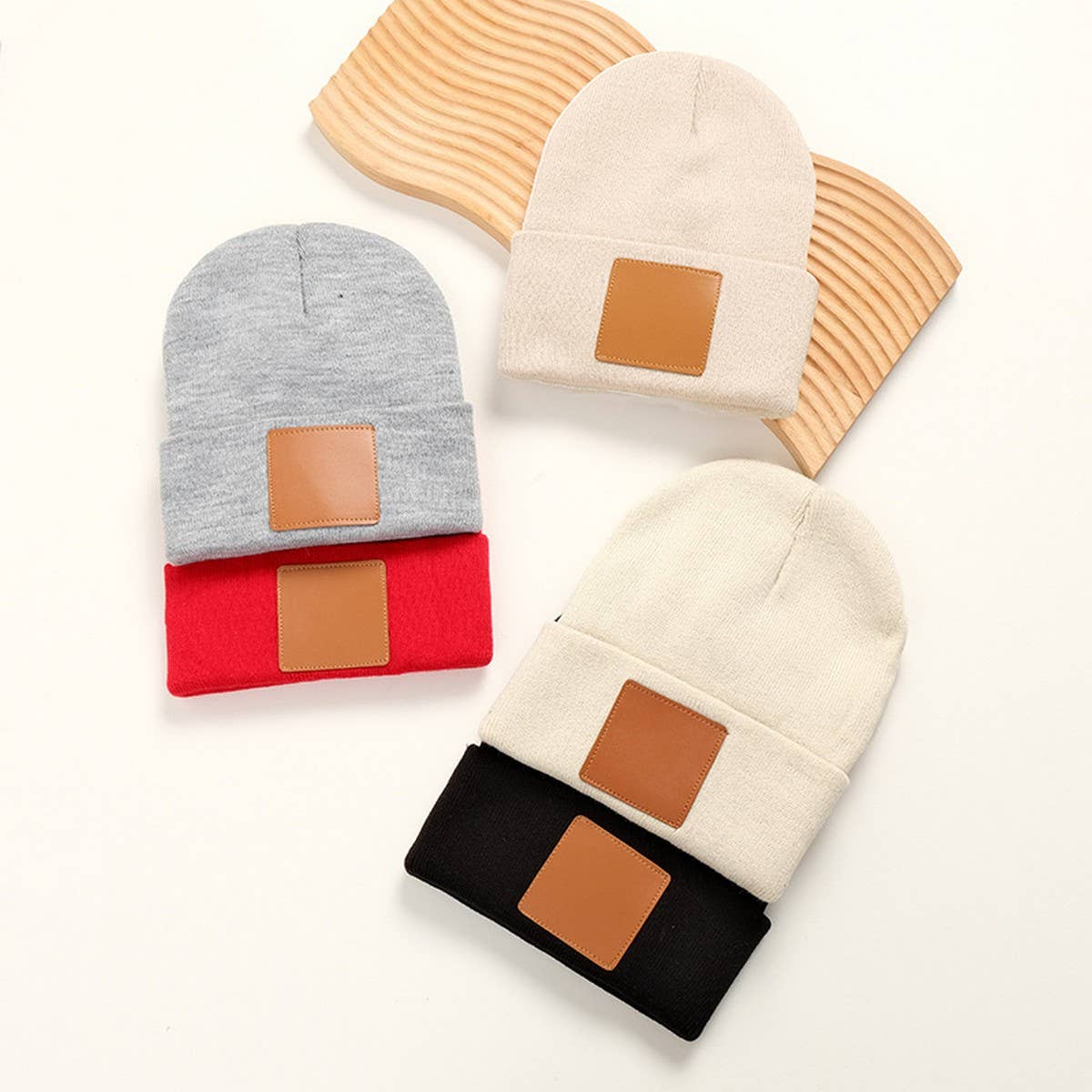 CWAH04345_ LEATHER PATCH KNIT BEANIE HAT UNISEX