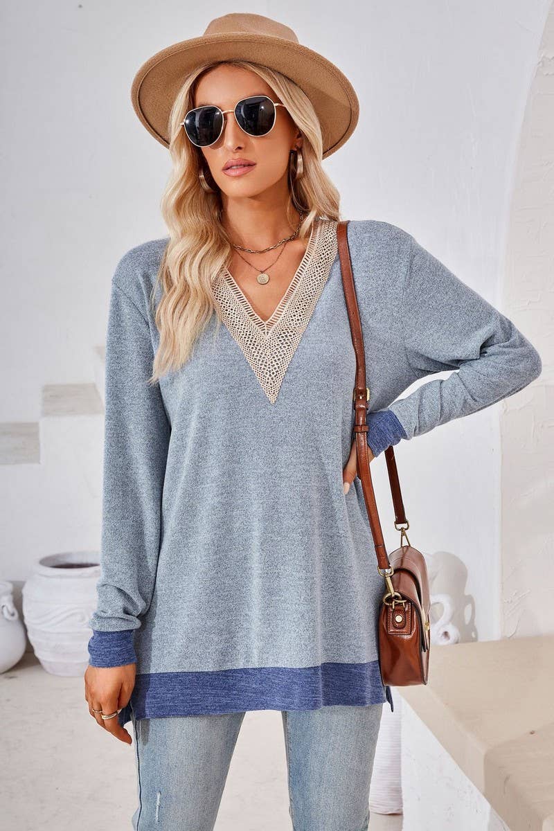 CWTBLL3660_AUTUMN NEW V-NECK LACE SOLID COLOR LOOSE T-SHIRT