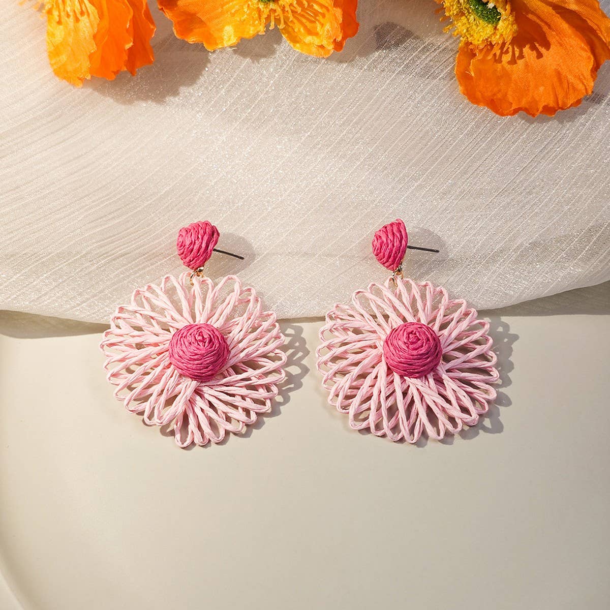 HAND-WOVEN CONTRASTING FLOWER EARRINGS