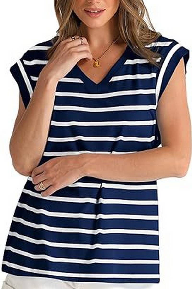 CWTTS1089_V-NECK STRIPED RAGLAN SLEEVE CASUAL T-SHIRT
