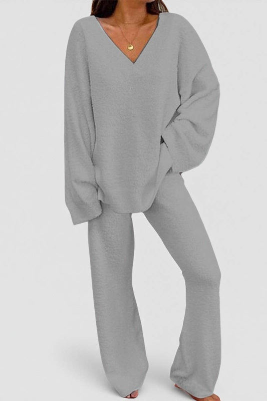 CWSTB00381_SOLID COLOR V-NECK CASUAL HOME WARM SUIT