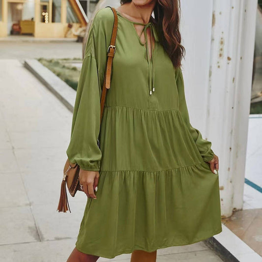 Elegant lace-up V-neck mid-length dress