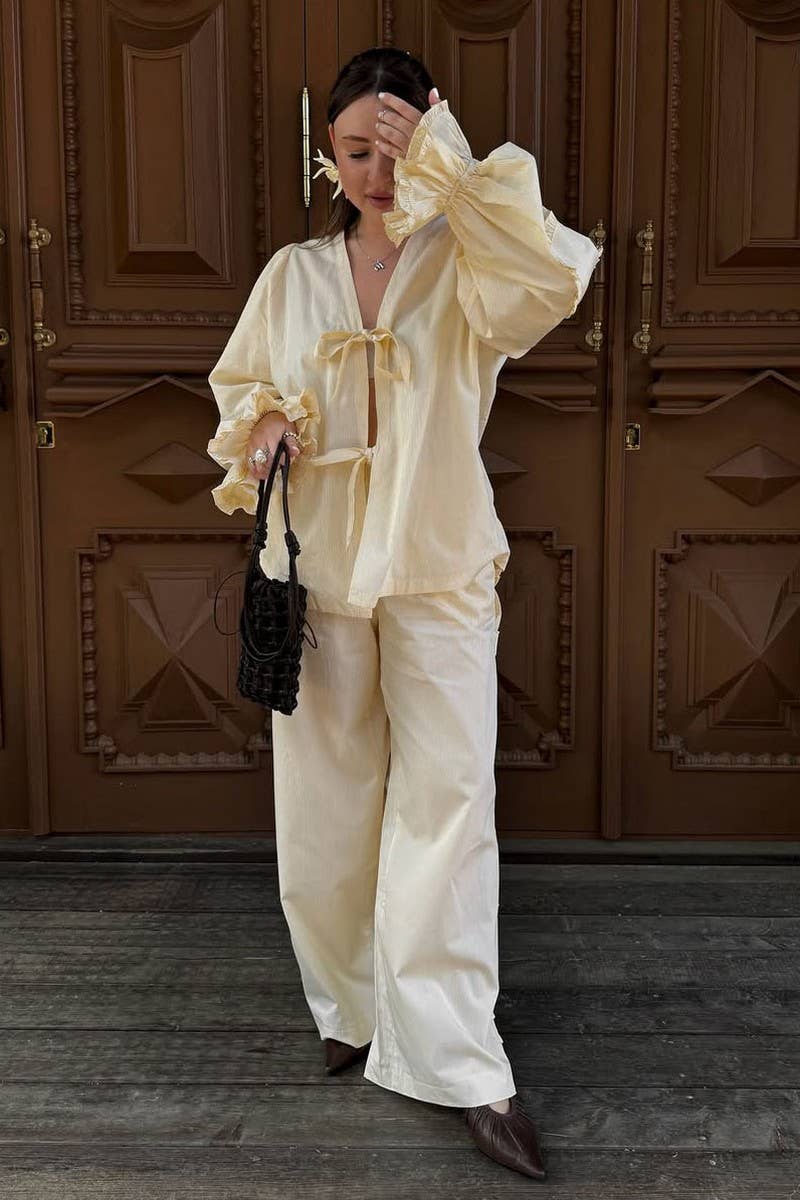 CWTTL2045_FUNGUS PLEAT HEART STITCHING CARDIGAN LACE-UP SHIR