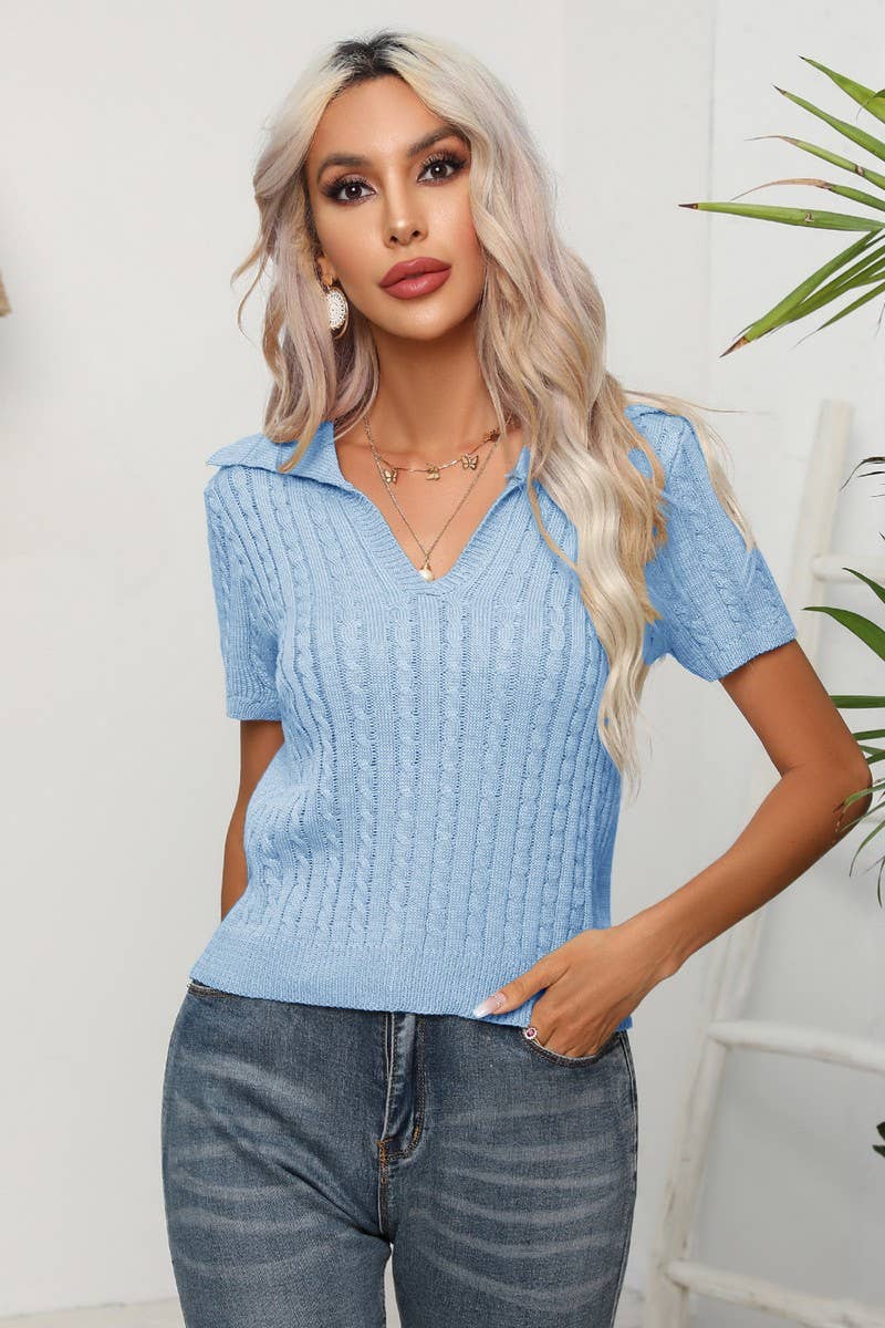 CWOSWS0059_Casual V-Neck Short Sleeve Pullover Sweater
