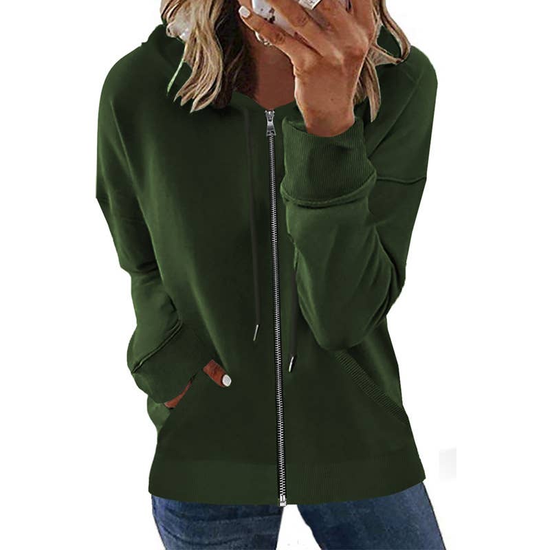 CASUAL SOLID COLOR HOODED ZIP-UP CARDIGAN