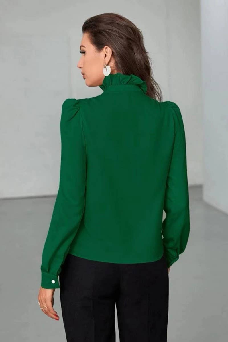 CWTBLS2041_SOLID COLOR RUFFLED LONG SLEEVE BLOUSE