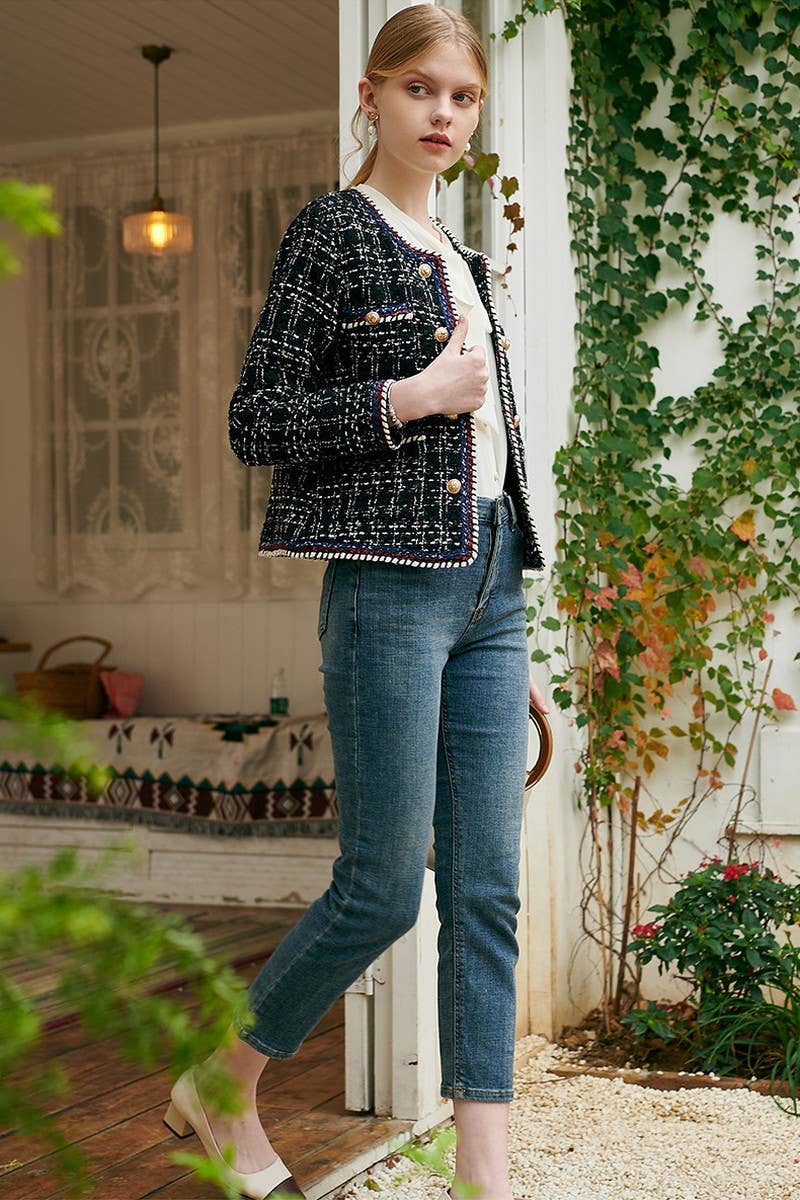 CWOCO1131_BLACK AND WHITE CHECK DOUBLE-BREASTED COATS