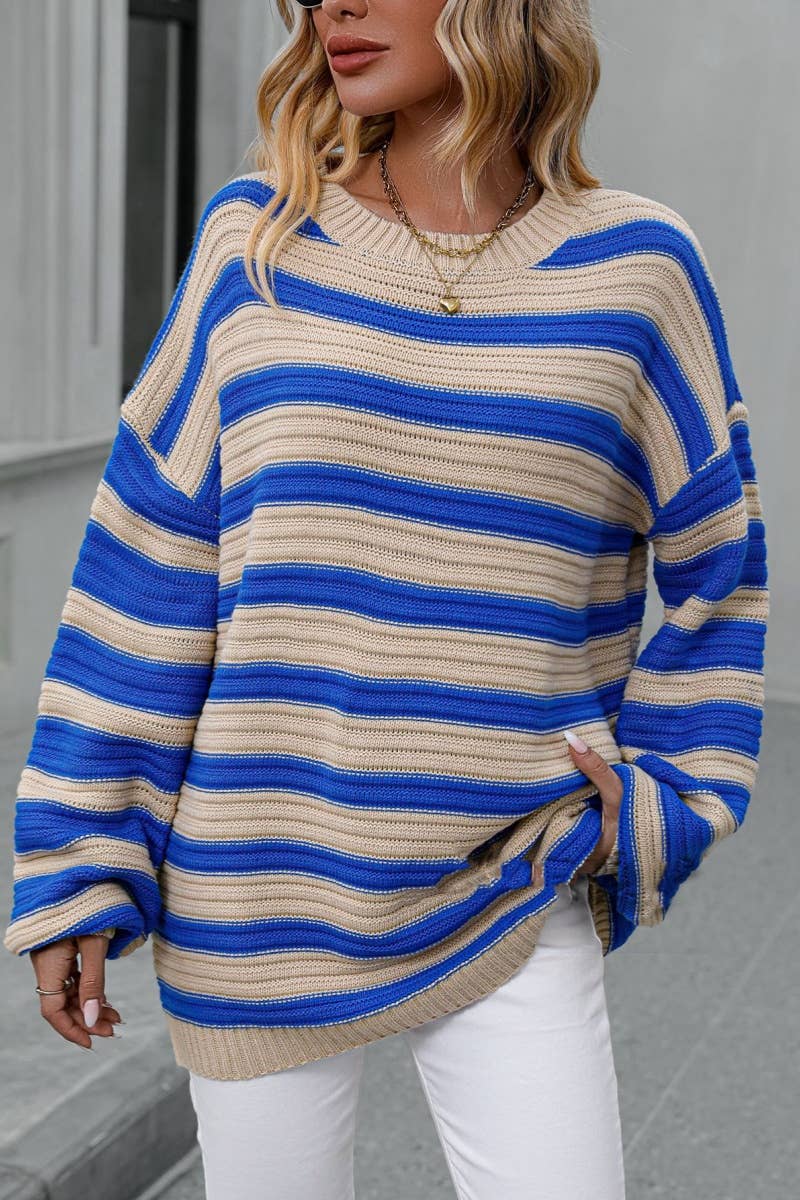 CWOSWL6517_KNITTED CREW-NECK STRIPED LONG-SLEEVED SWEATER