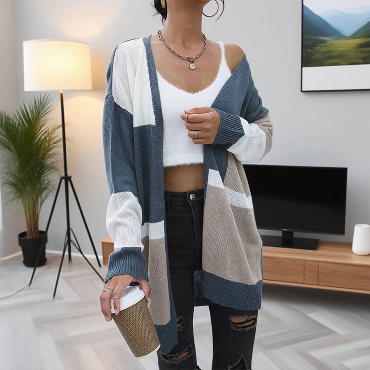 Color-blocking casual long knitted cardigan