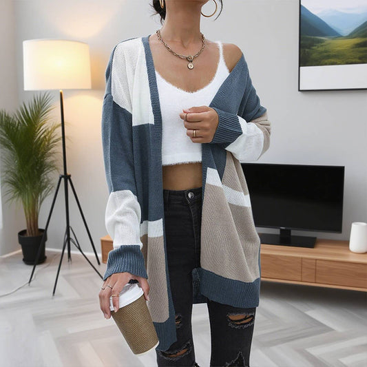 Color-blocking casual long knitted cardigan