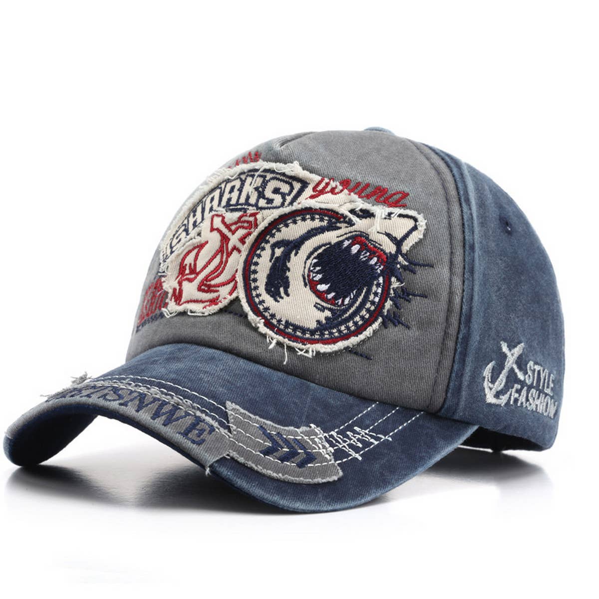 CWAH3228_NEW EMBROIDERED SHARK COWBOY BASEBALL CAP