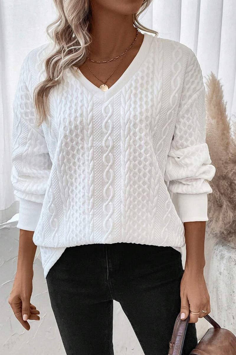 CWOSWS00160_V-NECK SOLID COLOR KNITTED LONG-SLEEVED TOP