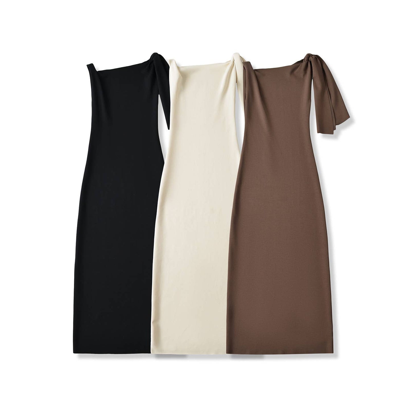 DESIGN DRESS WITH SLOPING SHOULDERS AND STREAMERS