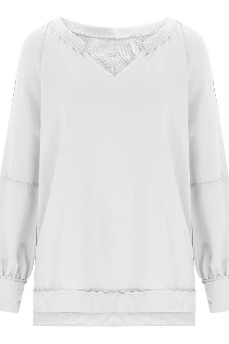CWTBLL3940_LOOSE SOLID V-NECK ASYMMETRICAL LONG SLEEVE TEE