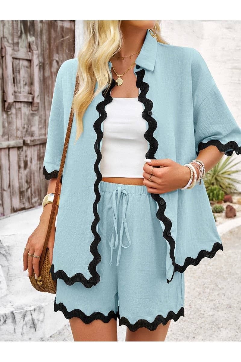 CWSTB0684_Casual Lace Shirt Shorts Set