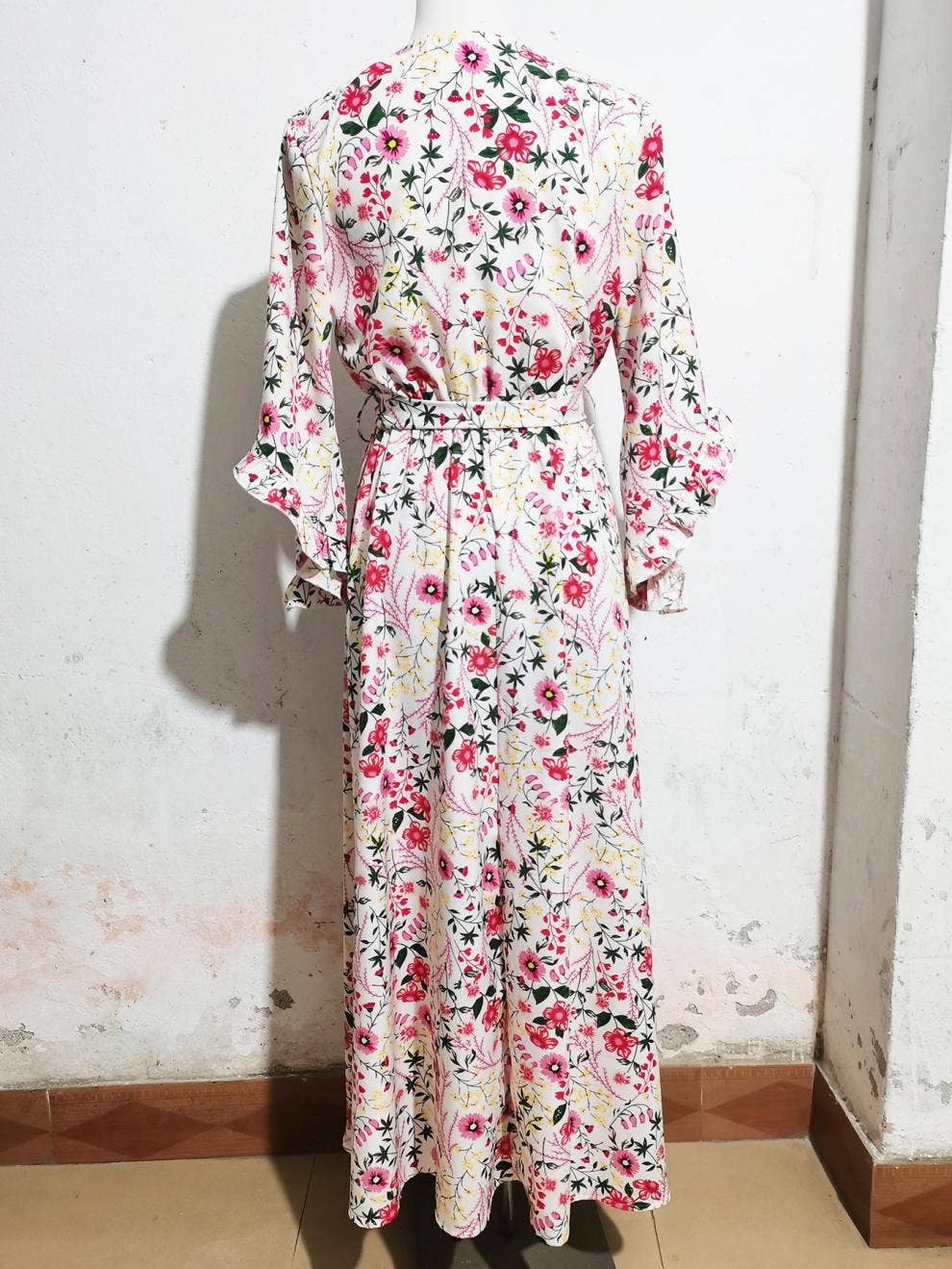 Boho ruffled patchwork V-neck strap split dress