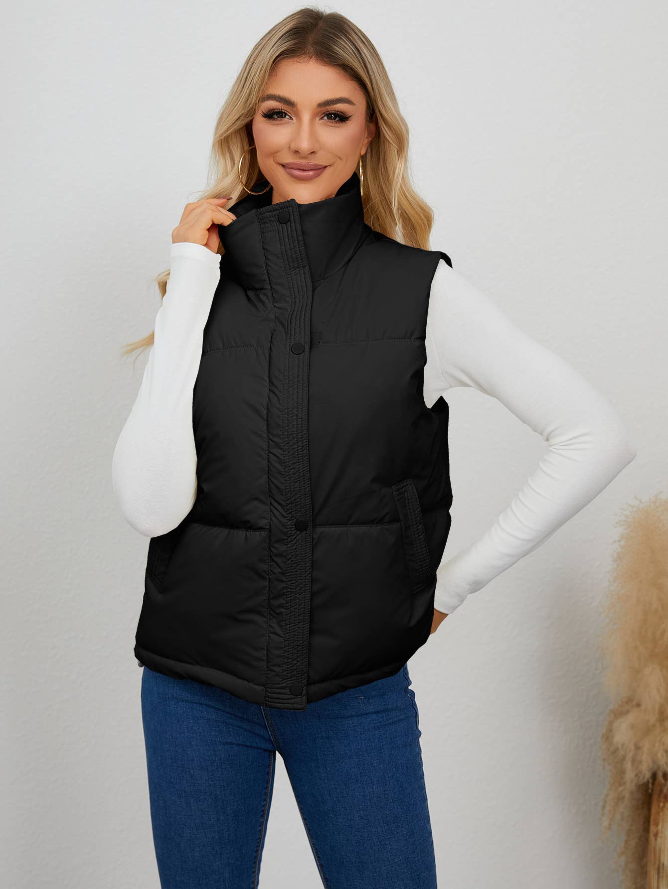 Cotton-padded stand-up collar waistcoat