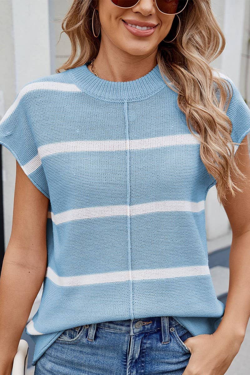 CWTBLS02499_STRIPED CREW NECK SLEEVELESS KNIT TANK