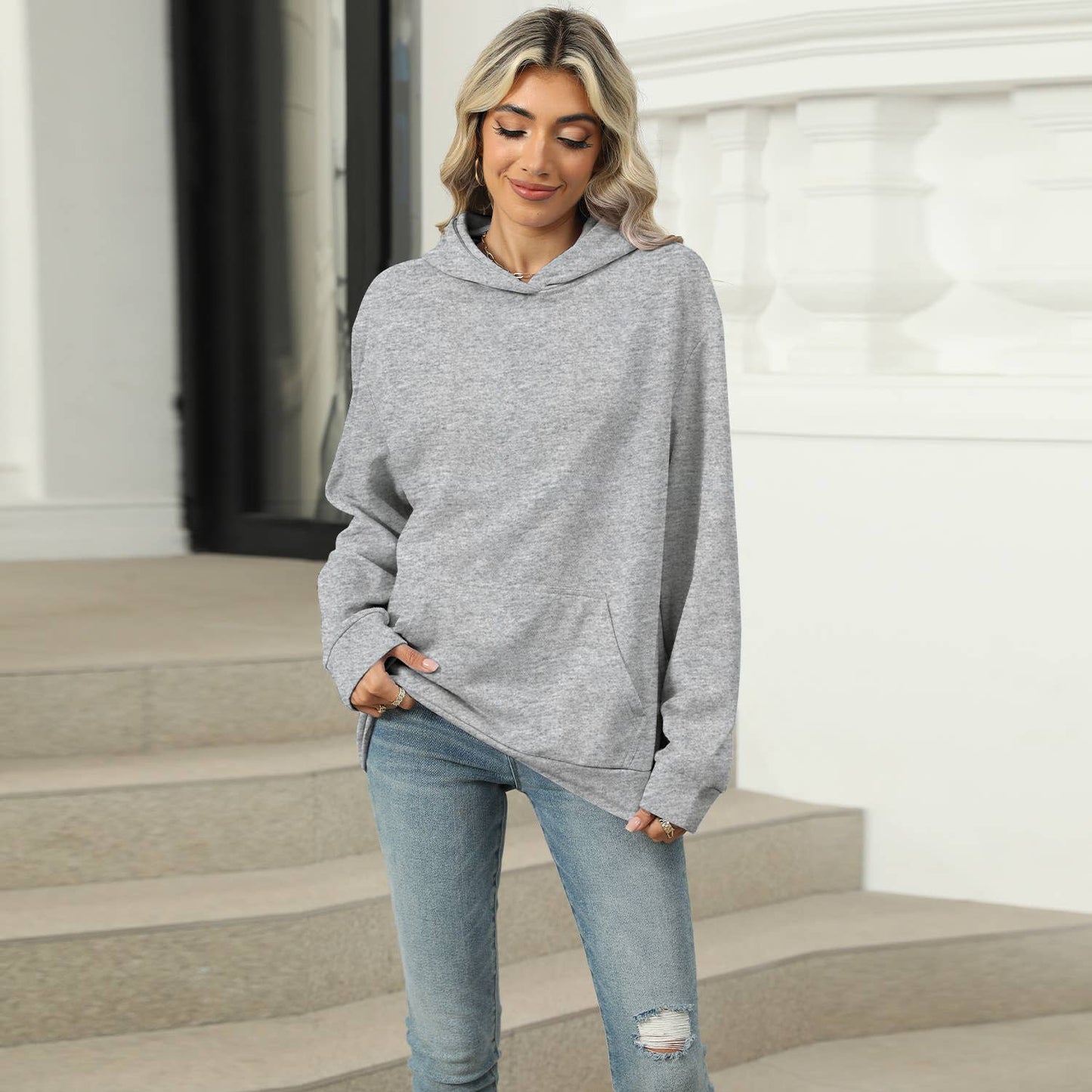 CASUAL HOODED POCKET HOODIE SOLID COLOR TOP