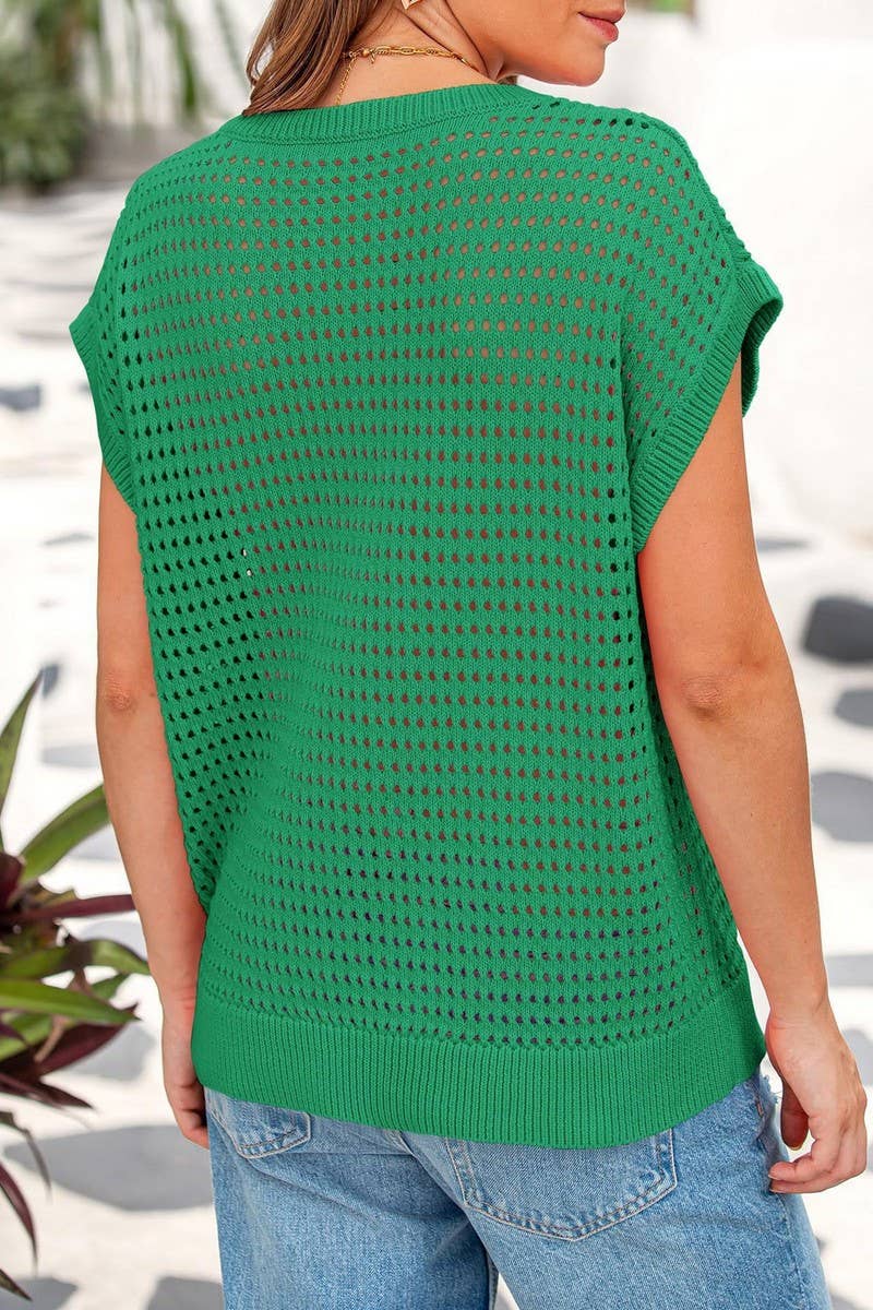 CWTTS1365_SUMMER HOLLOW SUN PROTECTION KNITTED TOP