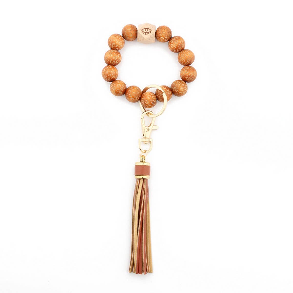 Leopard Wood Bead Bracelet Keychain with Tassel
