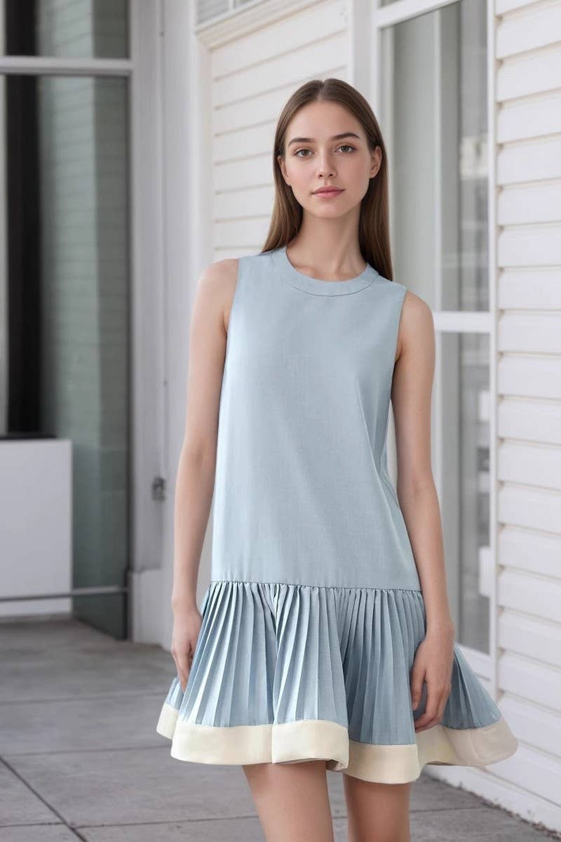 CWDSD8817_CREW NECK PLEATED TWO-TONE SLEEVELESS DRESS
