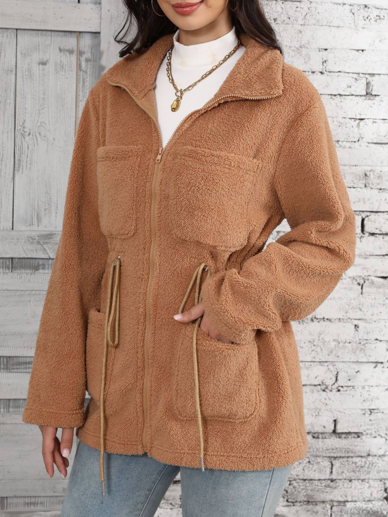 BAGGY POCKETS ZIP-UP LAPEL CARDIGAN FLEECE COAT