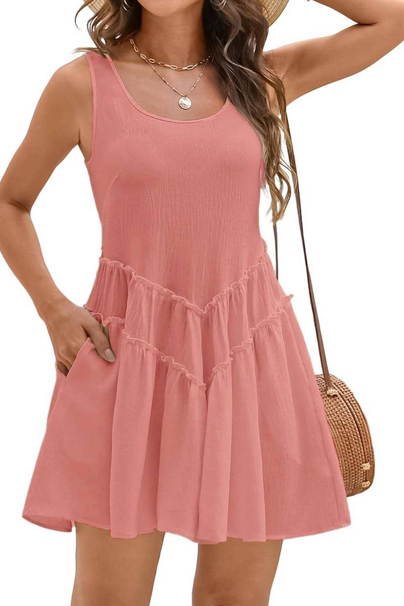 CWDSD8696_U-NECK DRESS WITH V-LACE TRIM AND POCKETS