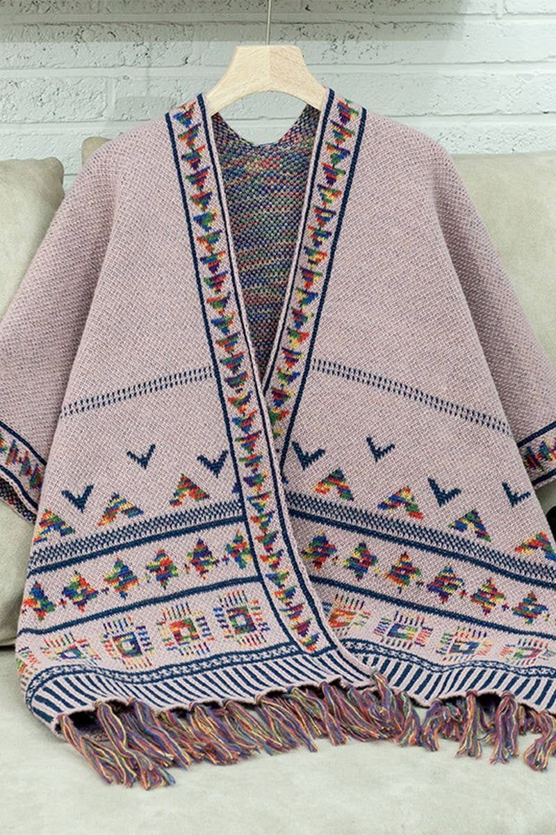 CWOSWS0090_LOOSE KNITTED TASSEL JACQUARD CAPE SHAWL