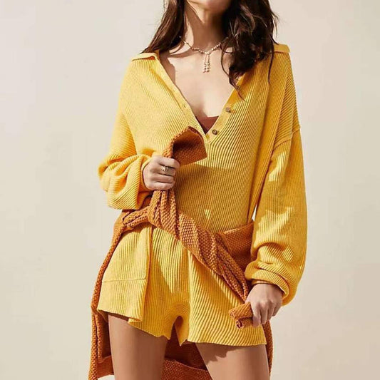 CASUAL SIMPLE V-NECK BUTTON SOLID COLOR JUMPSUIT