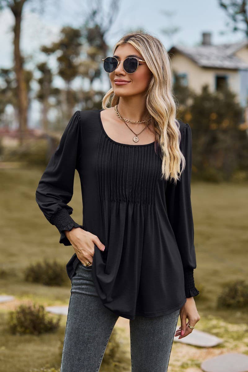 CWTBLL3687_NEW AUTUMN SOLID COLOR ROUND NECK DRAW CUFFS TOP