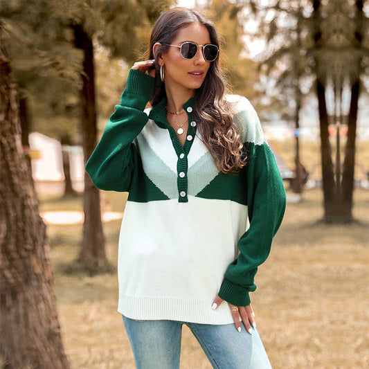 COLOR MATCHING HALF-TURTLENECK CARDIGAN SWEATER