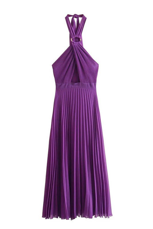 CWDHL0632_SLIM FIT SMALL PLEATED HALTER NECK LONG DRESS