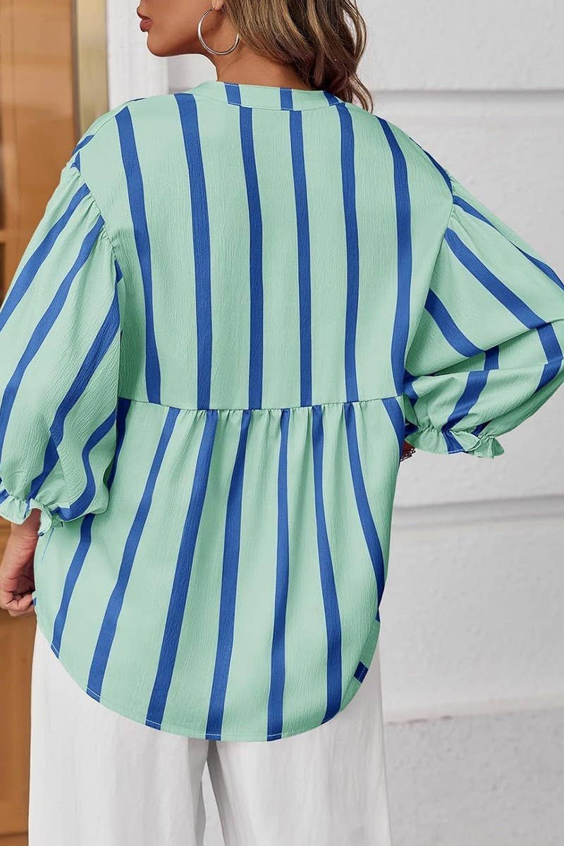CWTBLL01203_2025 SUMMER FALL STRIPED PUFF SLEEVE BLOUSE