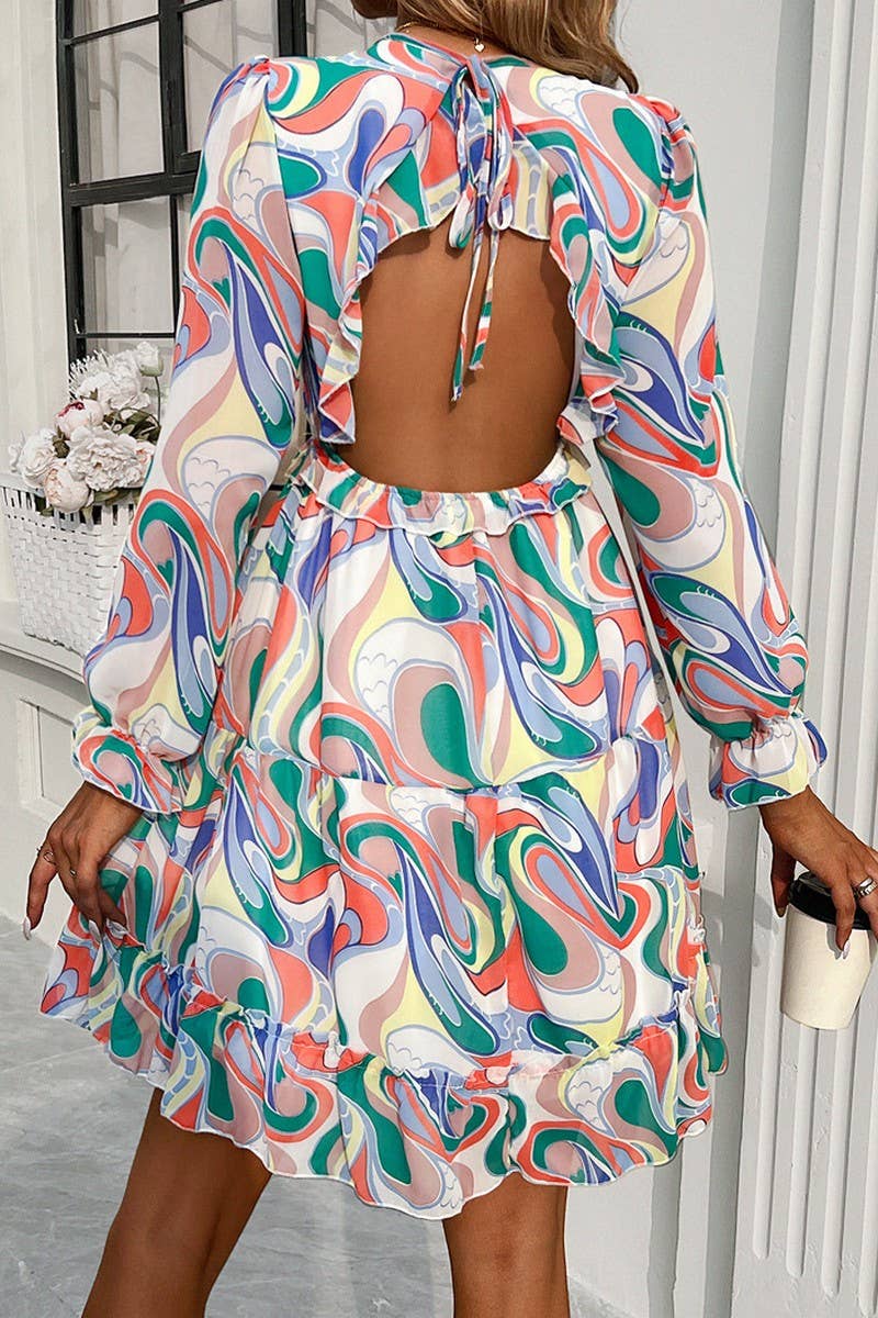 CWDSD7137_ELEGANT PRINTED V NECK LONG SLEEVE DRESS