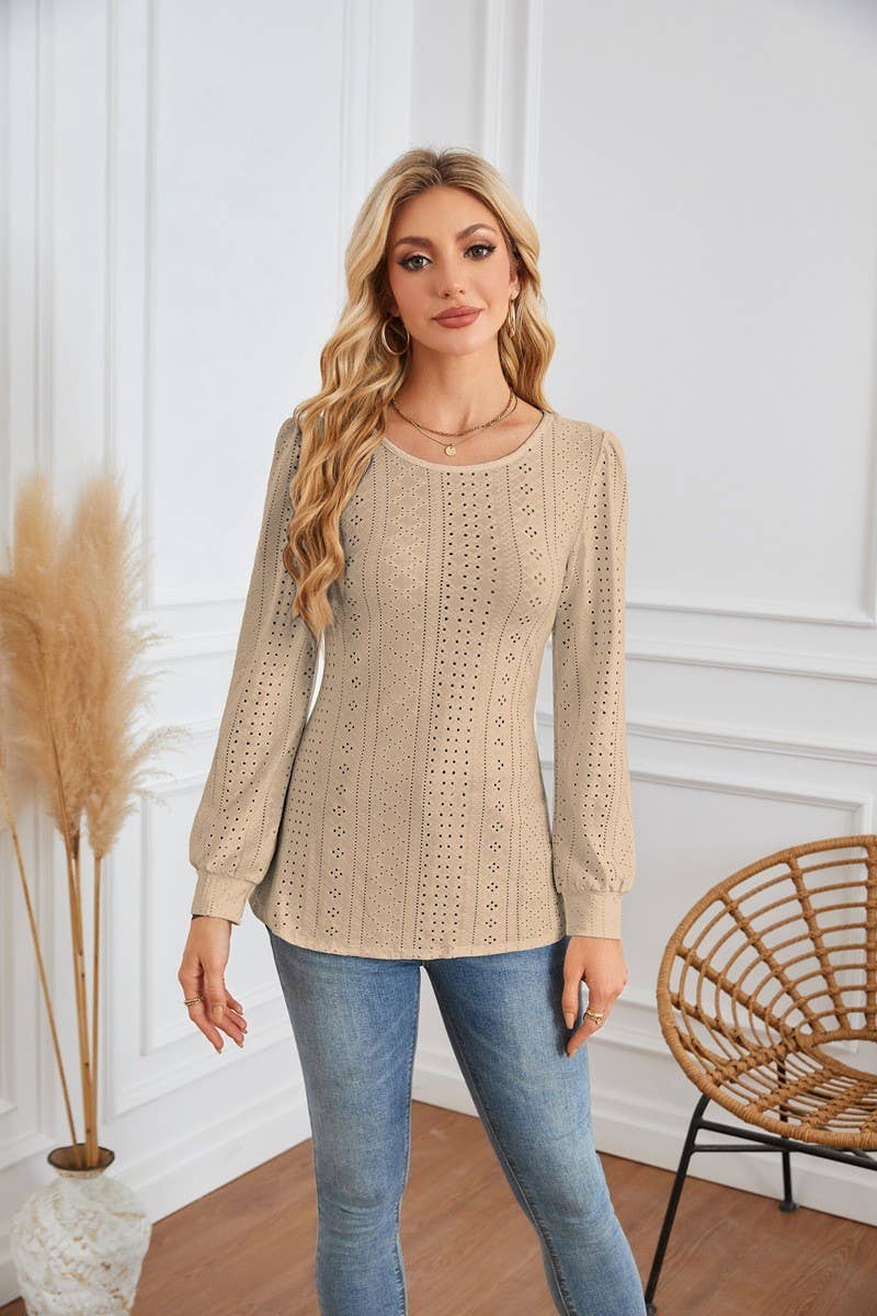 CWTBLL4098_ROUND NECK EYELET PUFF SLEEVE LONG SLEEVE T-SHIRT