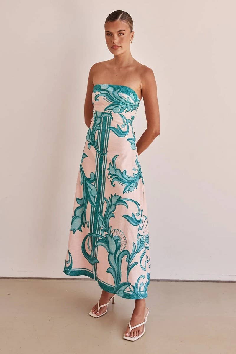 CWDTD0442_STRAPLESS FLORAL PRINT FITTED MAXI DRESS