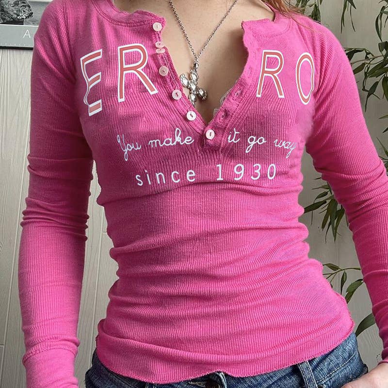 Crew-neck long sleeve slim letter-print all-fit T-shirt