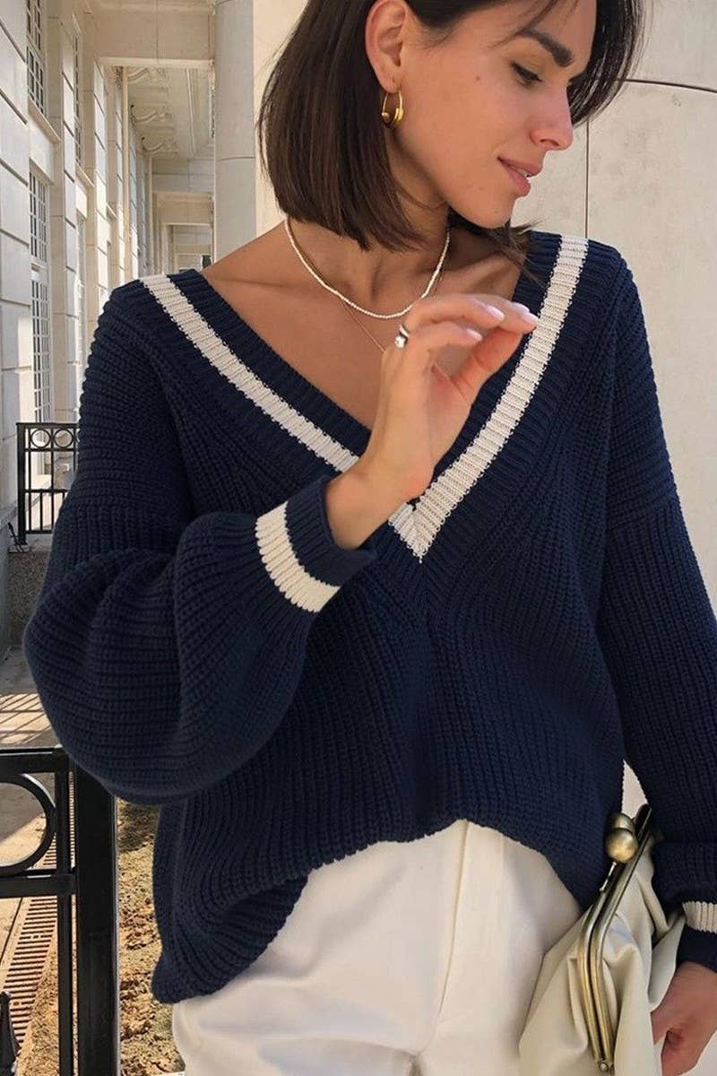 CWOSWL6274_V-NECK LOOSE LONGSLEEVED KNITTED PULLOVER SWEATER