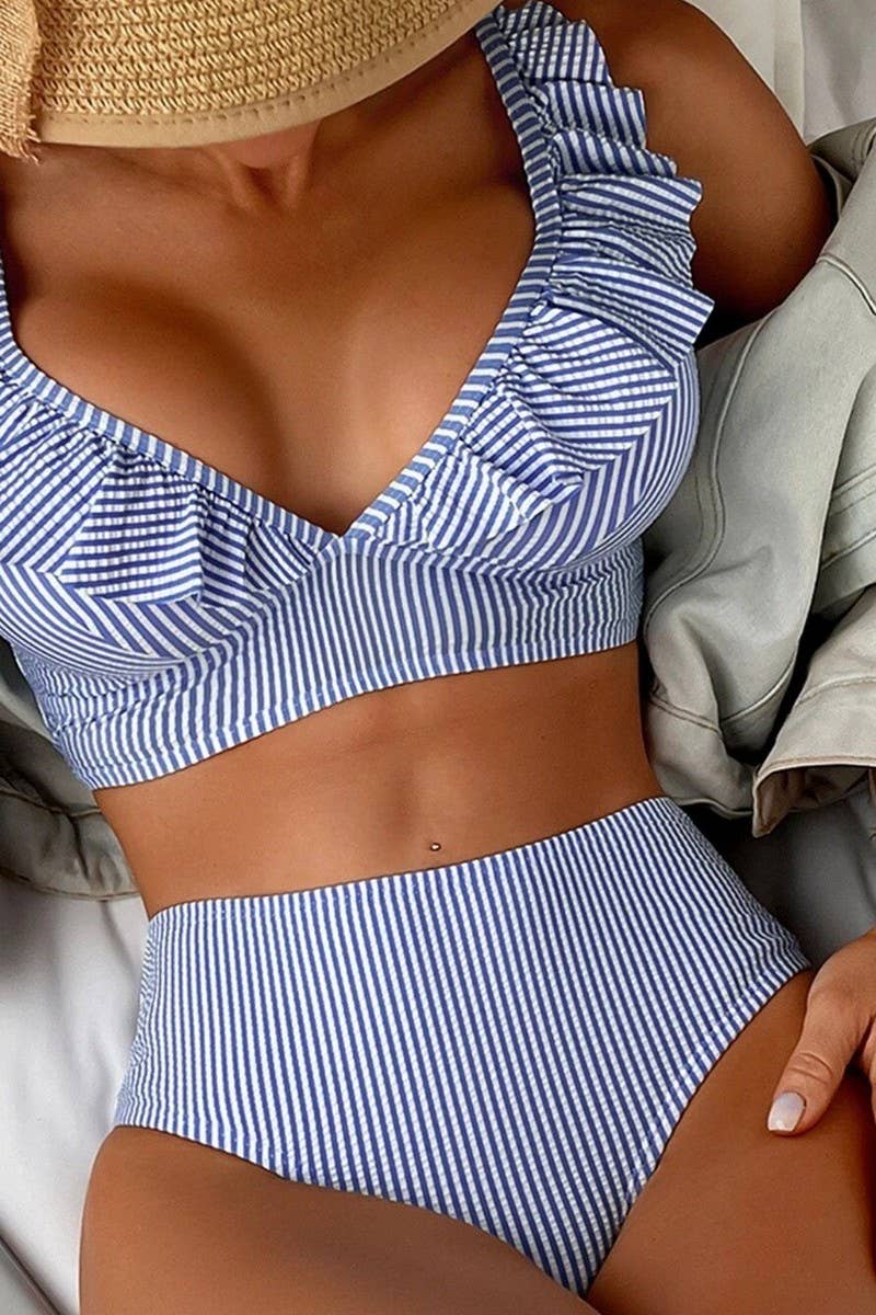 CWMW0898_STRIPED HIGH WAIST V-NECK RUFFLED BIKINI SWIMSUIT