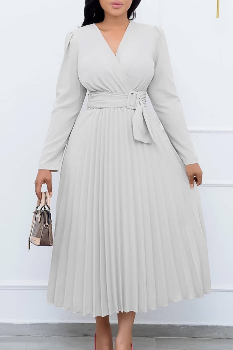 CWDMD3910_LACE-UP V-NECK LONG-SLEEVED PLEATED DRESS