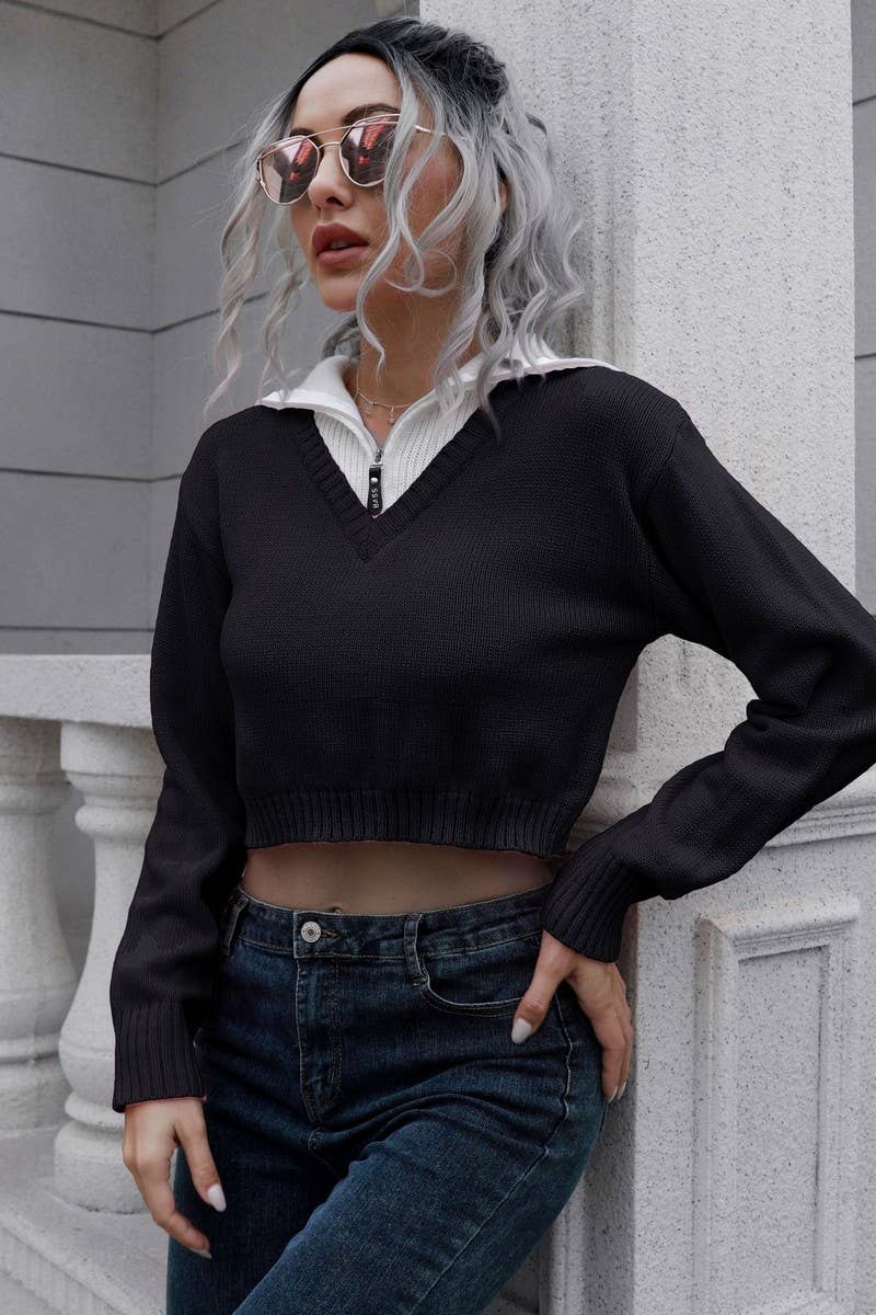 CWOSWL6858_ZIPPERED LAPEL COLORBLOCK CROPPED SWEATER