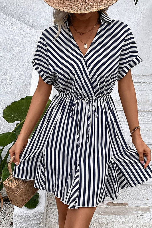 CWDSD8295_RUFFLED SKIRT DRAWSTRING STRIPED DRESS