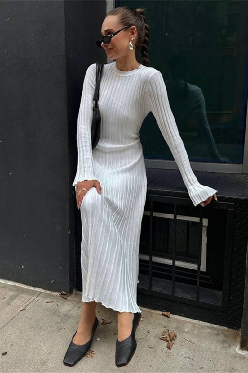 CWDMD3751_SOLID COLOR SLIM LONG-SLEEVED SWEATER DRESS LONG