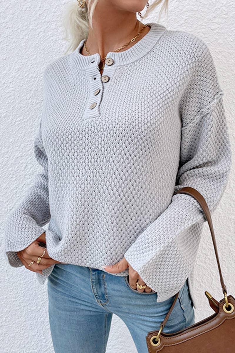 CWOSWL589_Loose V Neck Button Tops Pullover Sweater