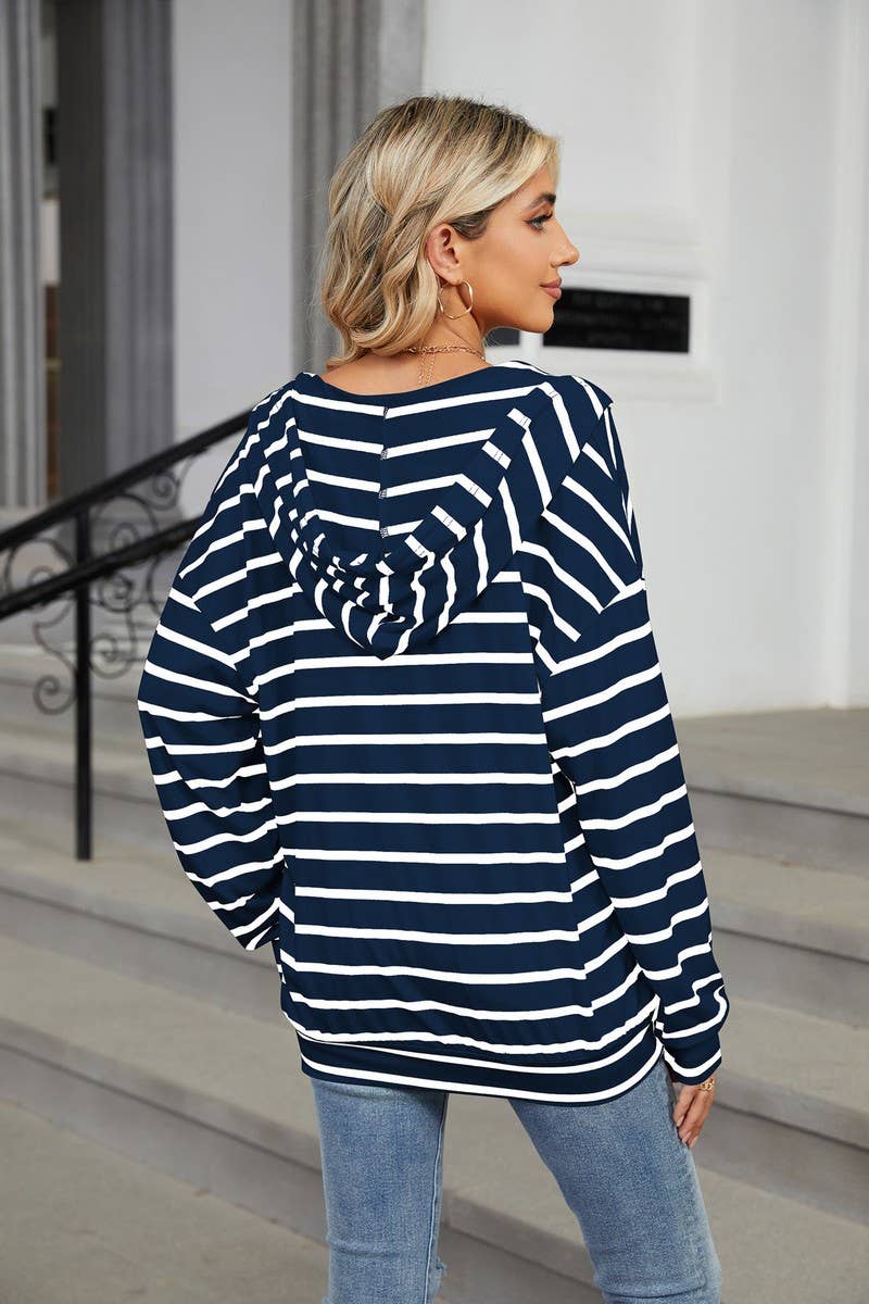 CWOHOL0718_DRAWSTRING HOODED STRIPED LONG SLEEVE SWEATSHIRT