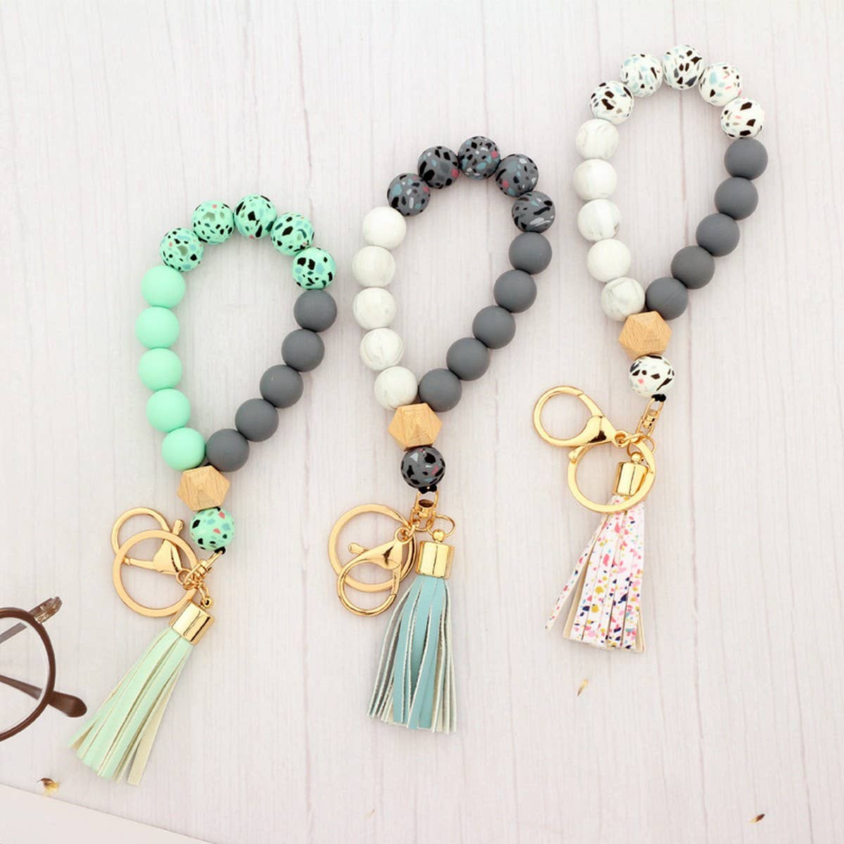Silicone & Wood Bead Bracelet with Leather Keychain