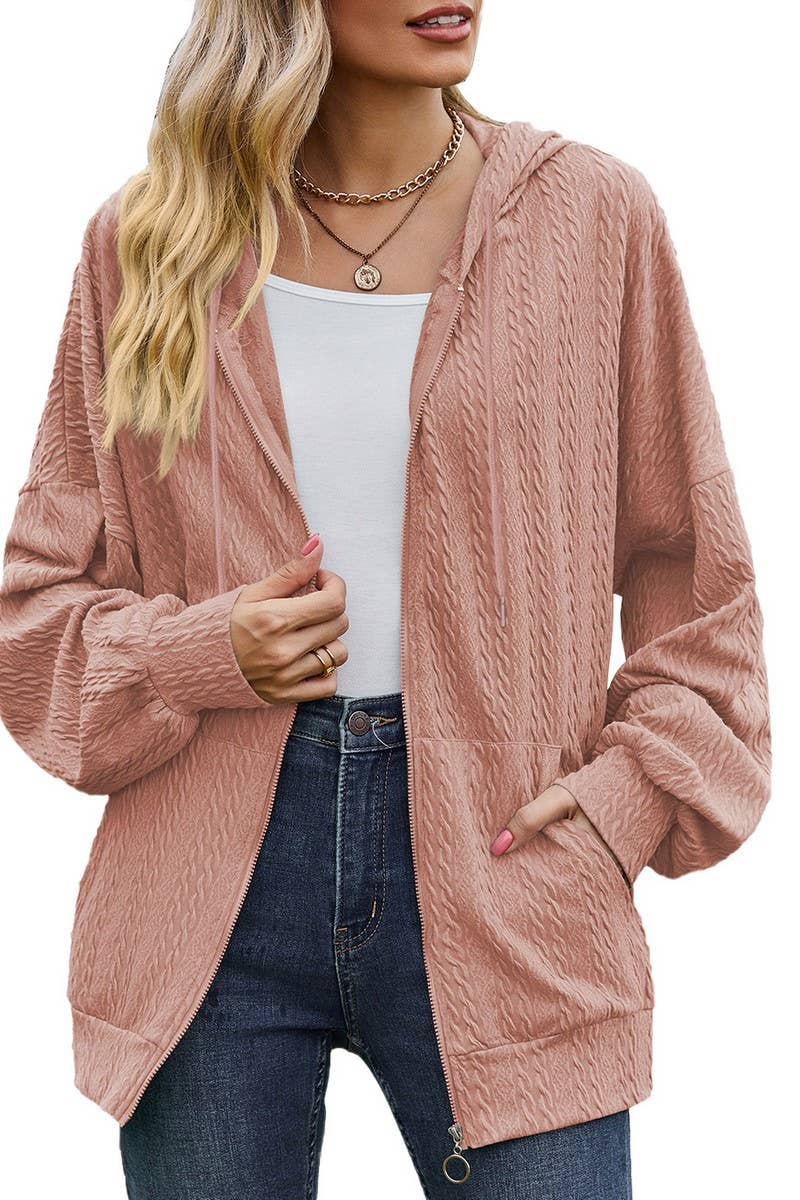 CWOHOL0476_ Casual Zip-Up Open Front Hoodie Cardigan Top