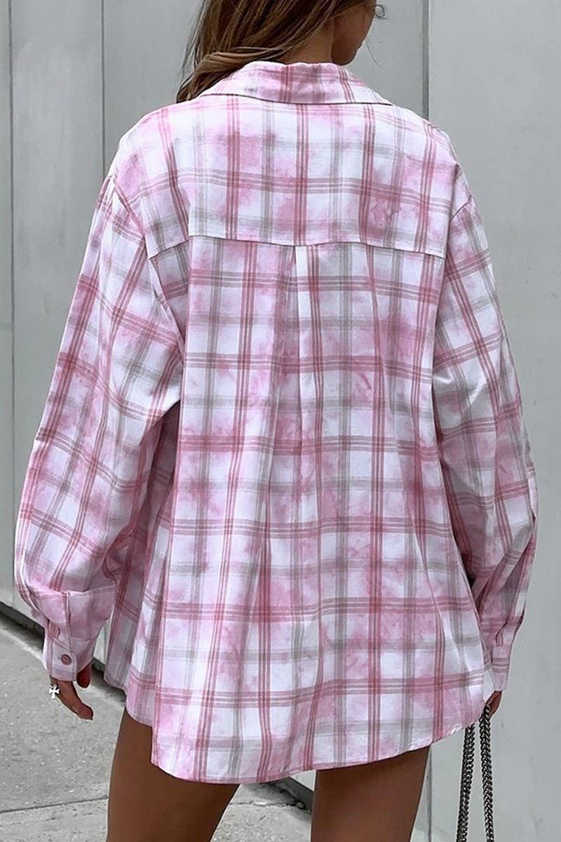 CWTBLL00596_LOOSE PINK AND WHITE PLAID LONG-SLEEVED SHIRT